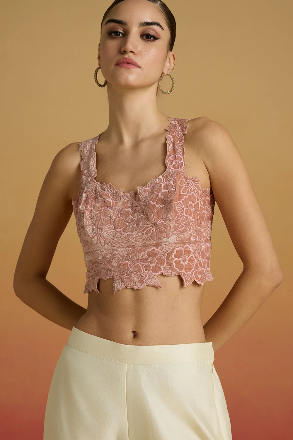 Old Rose Velvet Bustier and Striped Long Amaryllis Jacket with Applique Pants