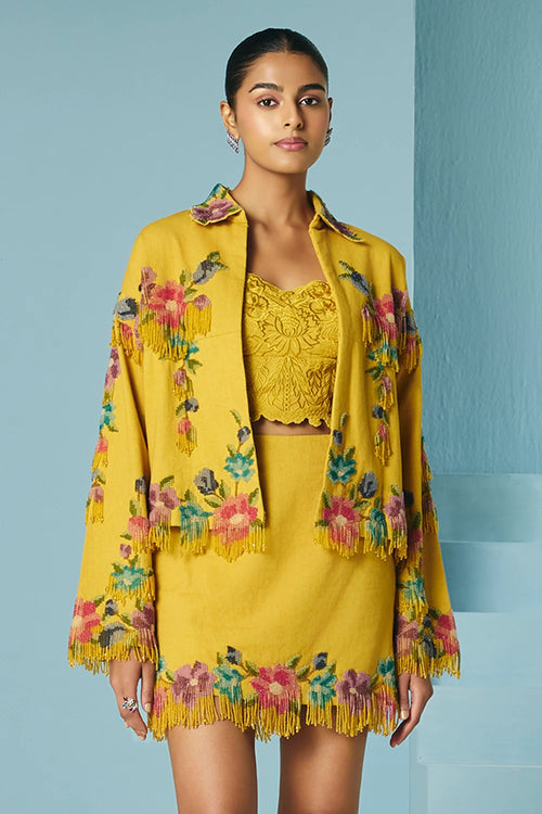 Mustard Floral Beaded Fringe Short Jacket With Bustier And Skirt