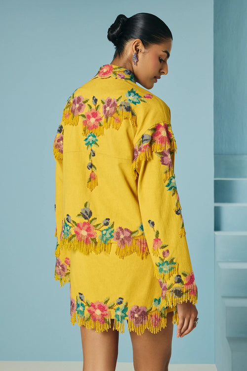 Mustard Floral Beaded Fringe Short Jacket With Bustier And Skirt