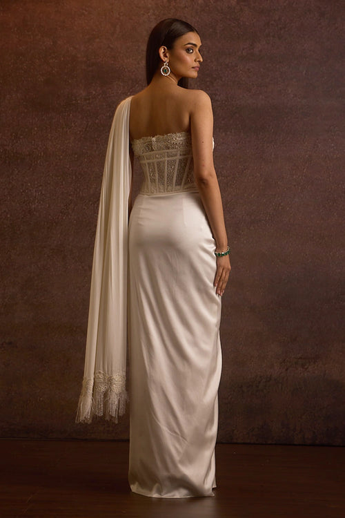 Sohvi Ivory Bustier Blouse With Corset Belt And Drape Slit Saree