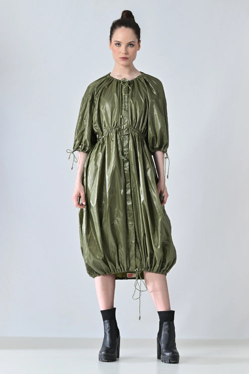 Olive Utility Gathered Ballon Dress