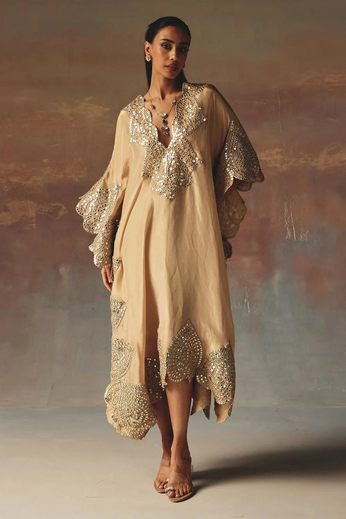 Peach Mirrowork V-Neck Kaftaan