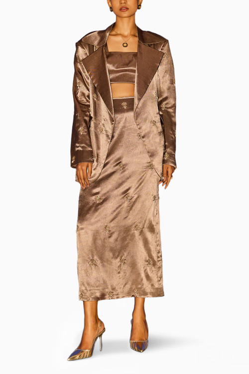 Brown Oversized Jacket With Bralette and Skirt