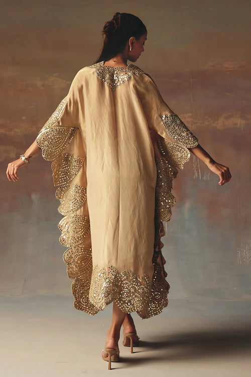 Peach Mirrowork V-Neck Kaftaan