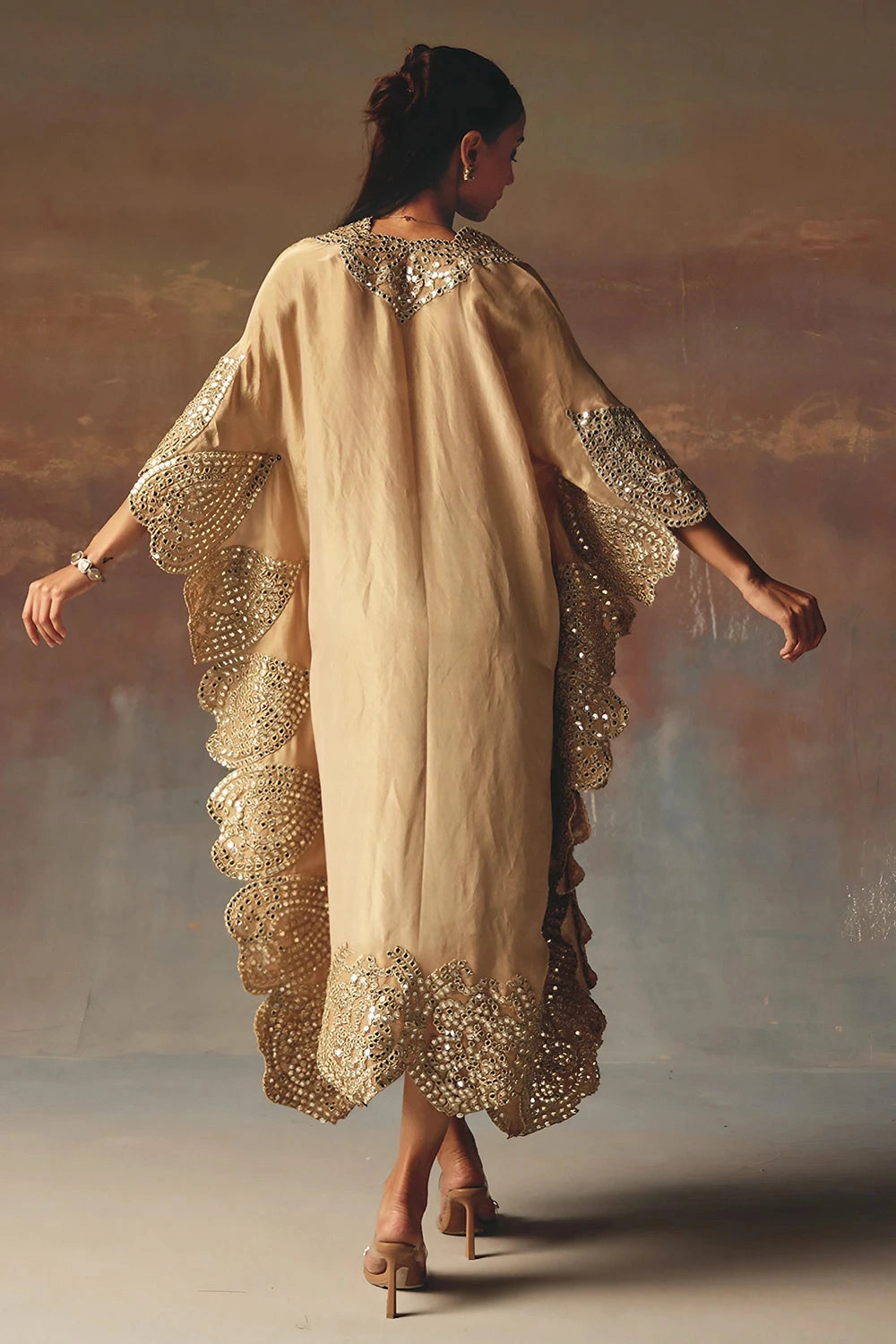 Peach Mirrowork V-Neck Kaftaan