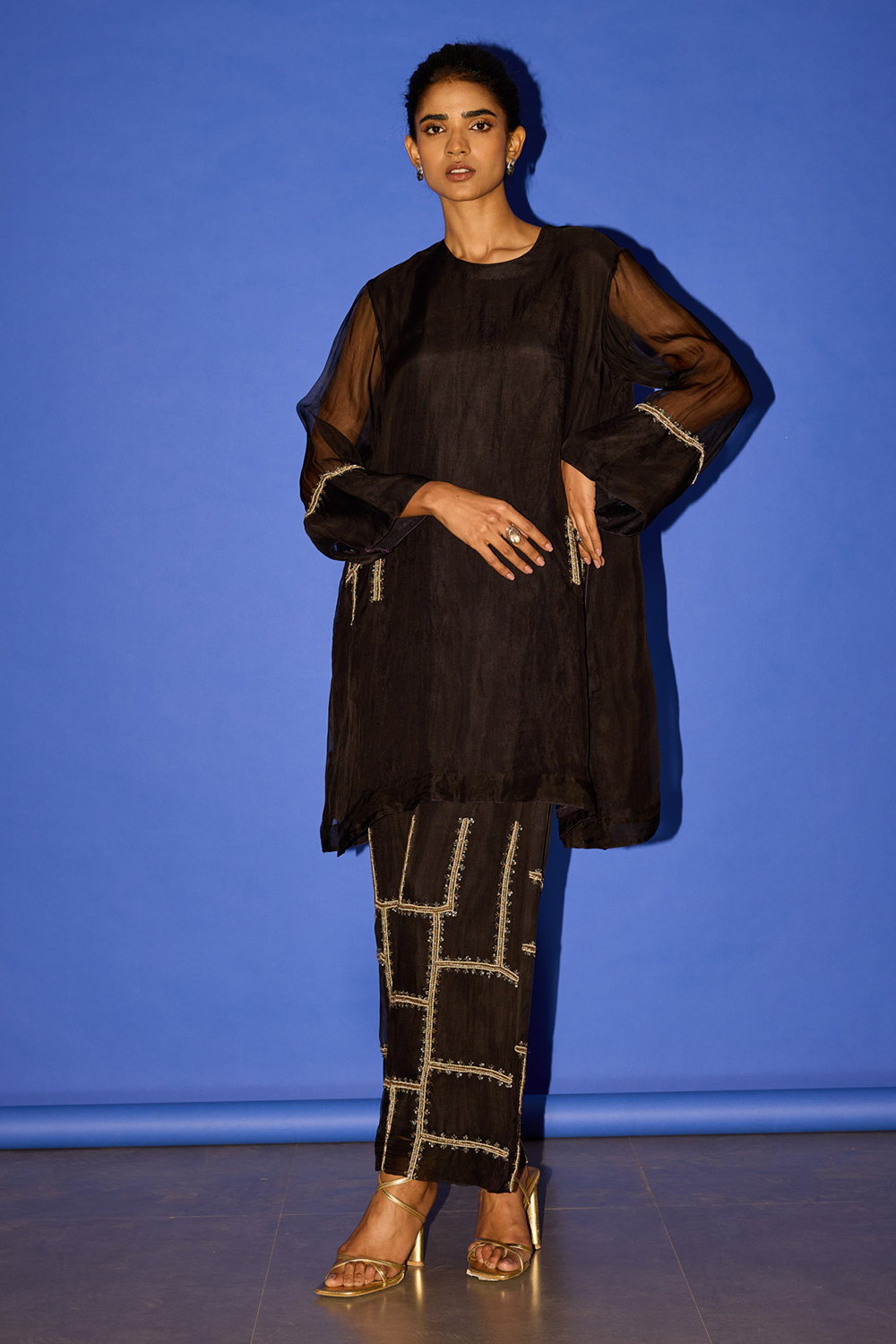 Embroidered A-Line Kurta with Linework Pants