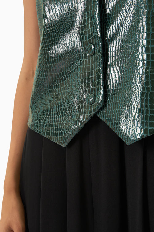 Black Crepe Jump Suit with Green Leatherite Waist Coat