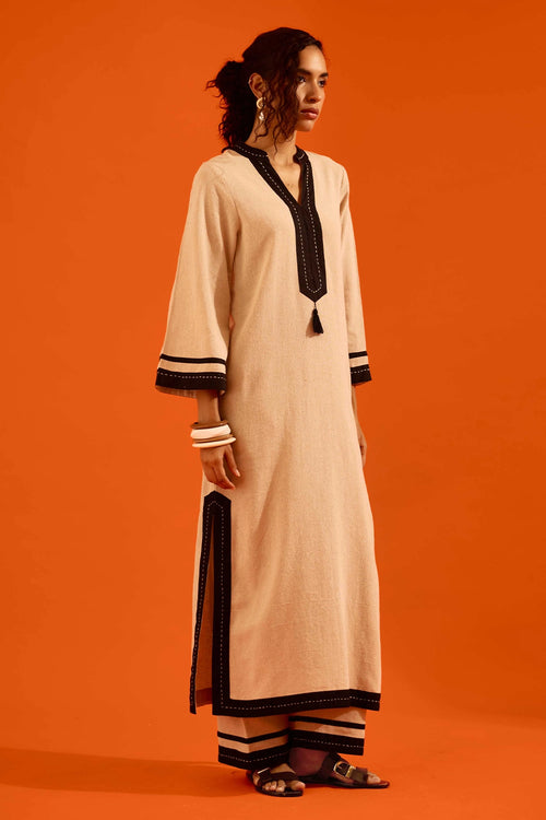 Natural Jute Tunic Set with Black Thread Embroidery