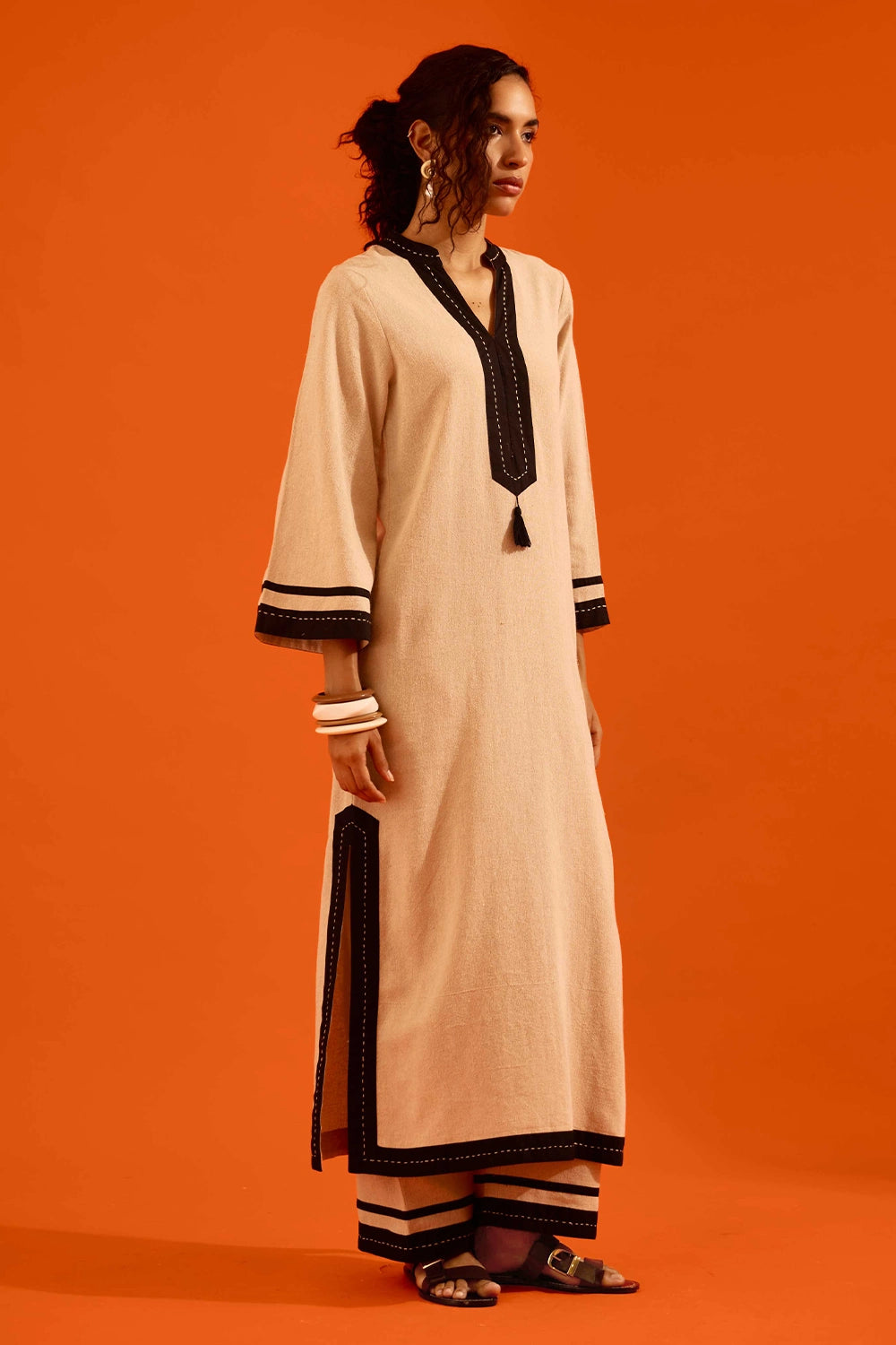 Natural Jute Tunic Set with Black Thread Embroidery
