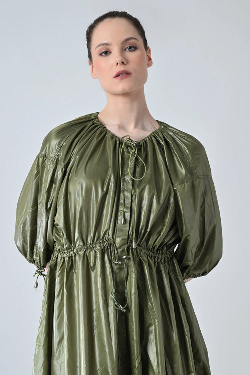Olive Utility Gathered Ballon Dress