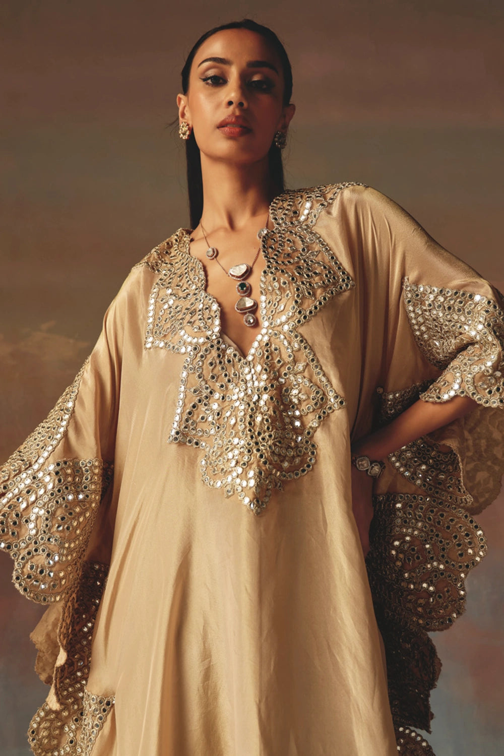 Peach Mirrowork V-Neck Kaftaan