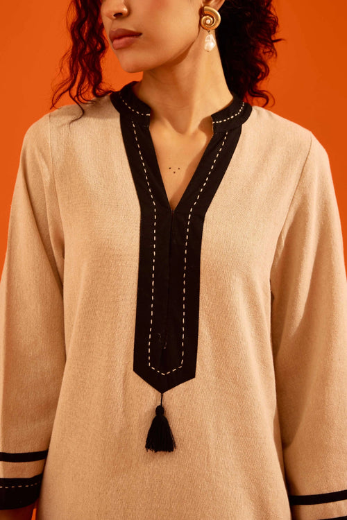 Natural Jute Tunic Set with Black Thread Embroidery
