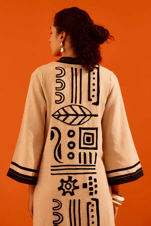 Natural Jute Tunic Set with Black Thread Embroidery