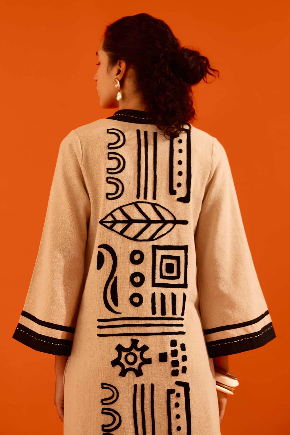 Natural Jute Tunic Set with Black Thread Embroidery