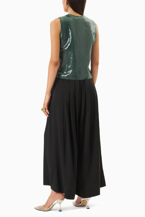 Black Crepe Jump Suit with Green Leatherite Waist Coat