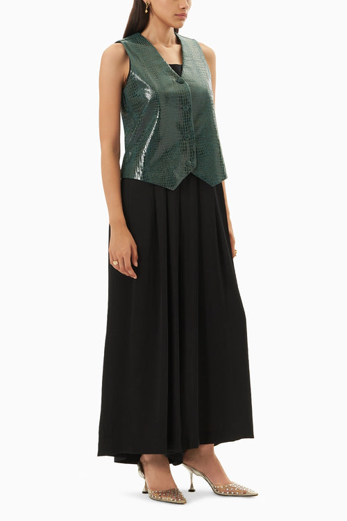 Black Crepe Jump Suit with Green Leatherite Waist Coat
