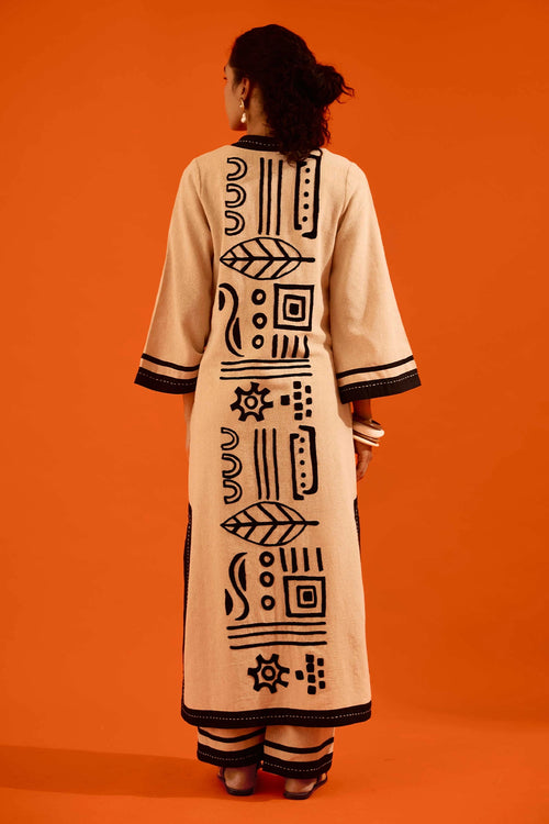 Natural Jute Tunic Set with Black Thread Embroidery