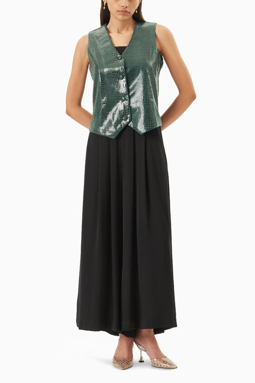 Black Crepe Jump Suit with Green Leatherite Waist Coat
