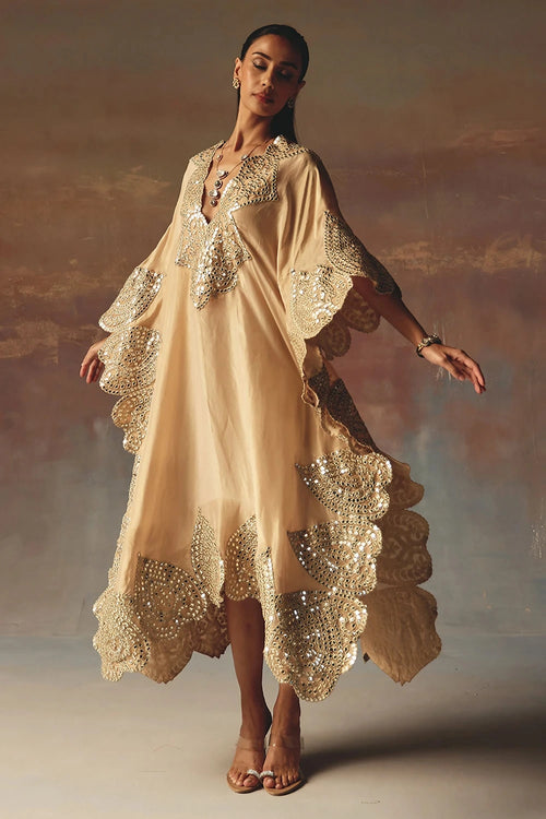 Peach Mirrowork V-Neck Kaftaan
