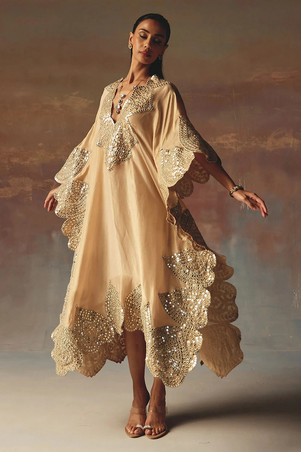 Peach Mirrowork V-Neck Kaftaan