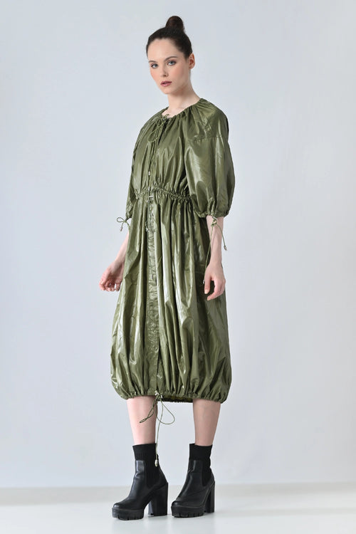 Olive Utility Gathered Ballon Dress