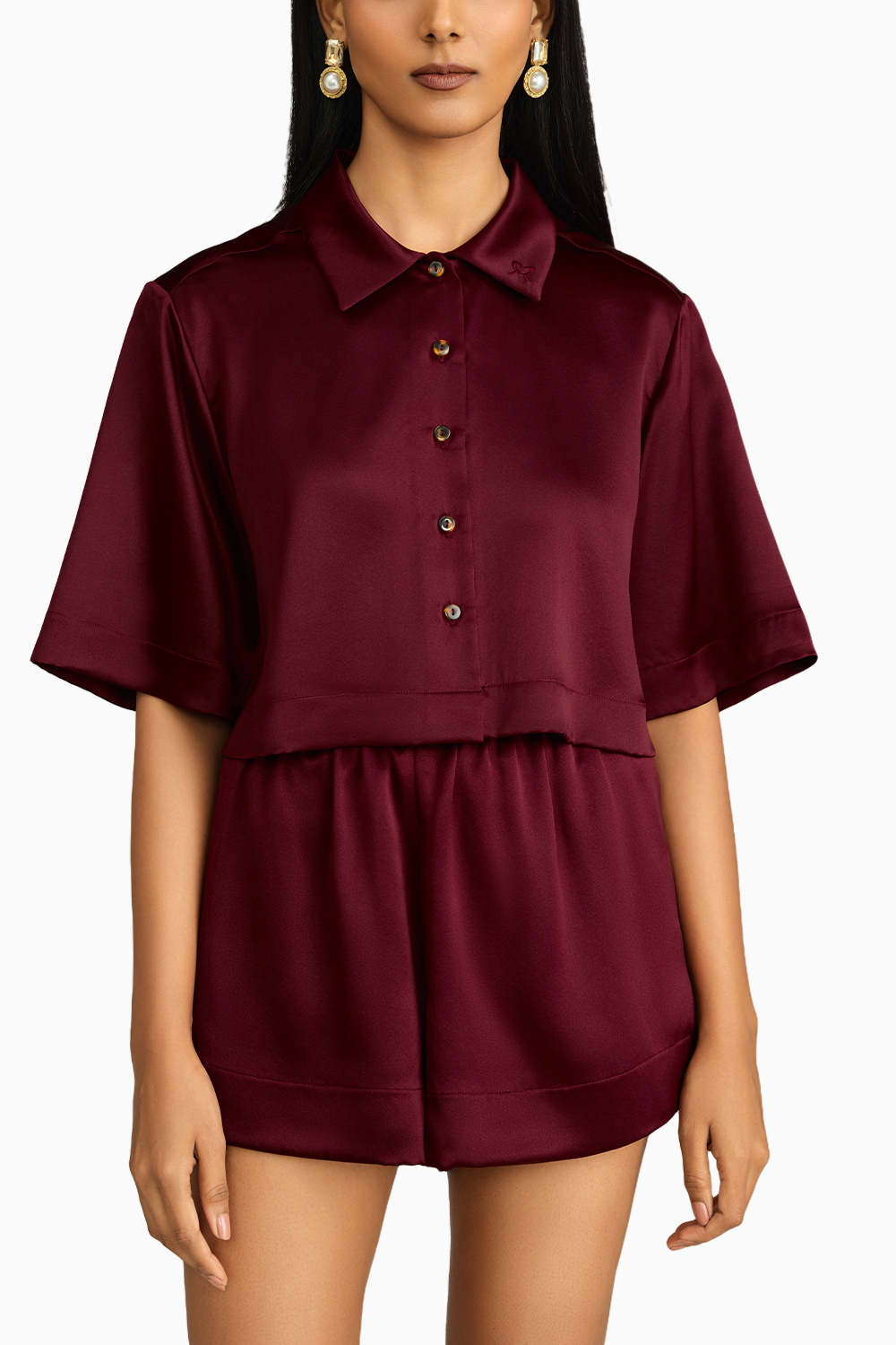 Burgundy Silk Cropped Bowling Shirt