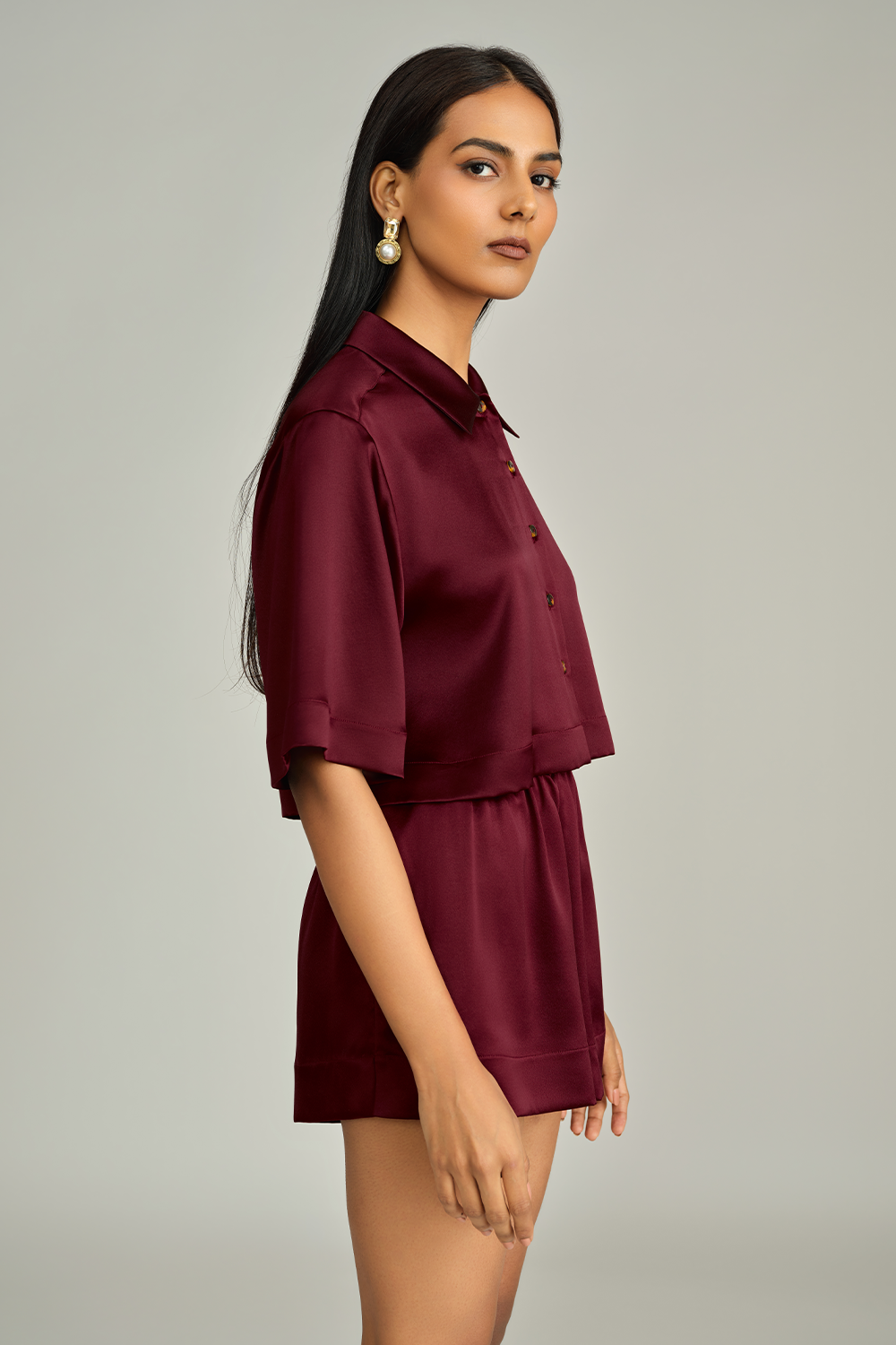 Burgundy Silk Cropped Bowling Shirt