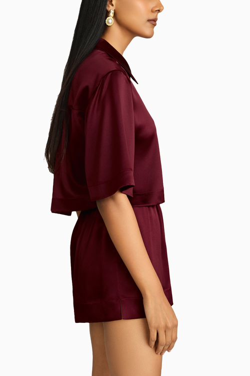 Burgundy Silk Cropped Bowling Shirt
