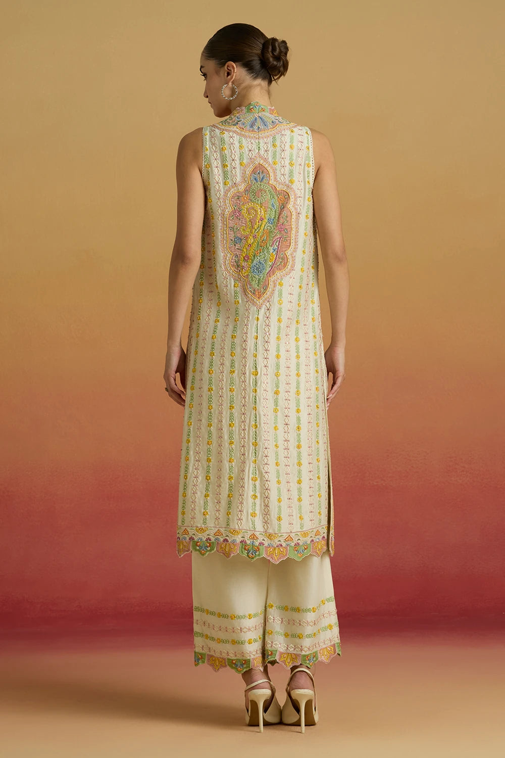 Old Rose Velvet Bustier and Striped Long Amaryllis Jacket with Applique Pants