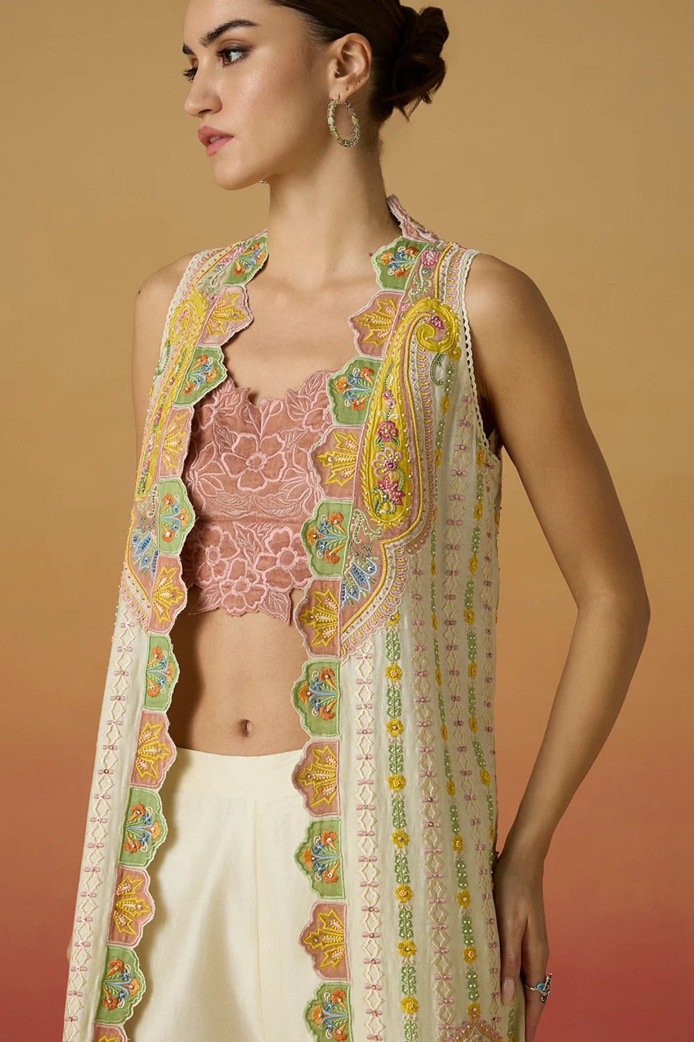 Old Rose Velvet Bustier and Striped Long Amaryllis Jacket with Applique Pants