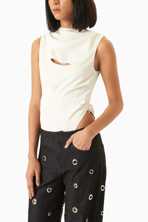 White Harley Bodysuit with Silver Eyelet Pant