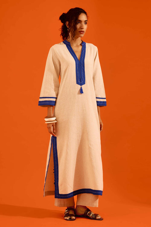 Natural Jute Tunic Set with Blue Thread Embroidery