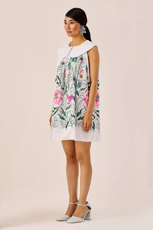 White Printed Peter Pan Collar Mini Dress