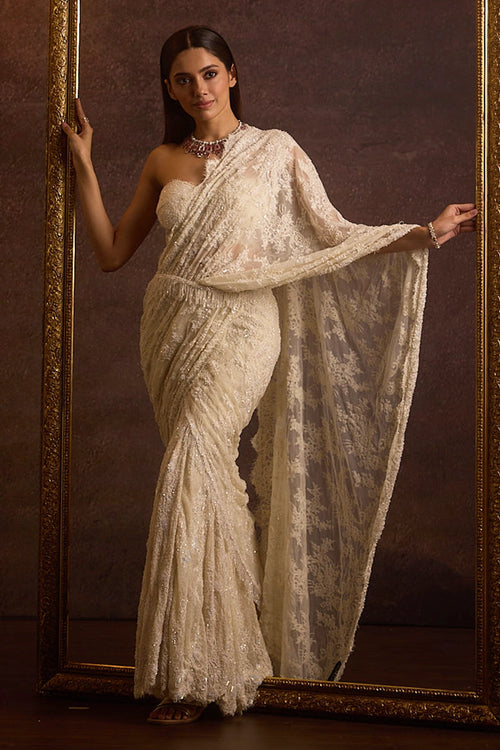 Saanvi Ivory Bustier Blouse With Embellished Lehenga Saree