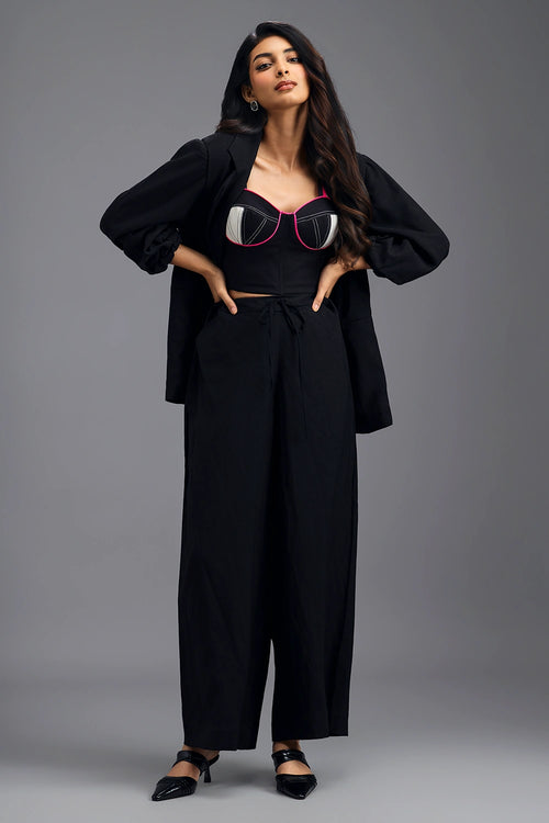 Black Geometric Bralette with Relaxed Blazer and Wide-Leg Trousers