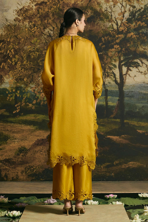 Amber Yellow Blossom Kimono Kurta With Pants