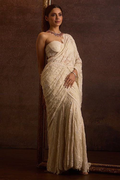 Saanvi Ivory Bustier Blouse With Embellished Lehenga Saree