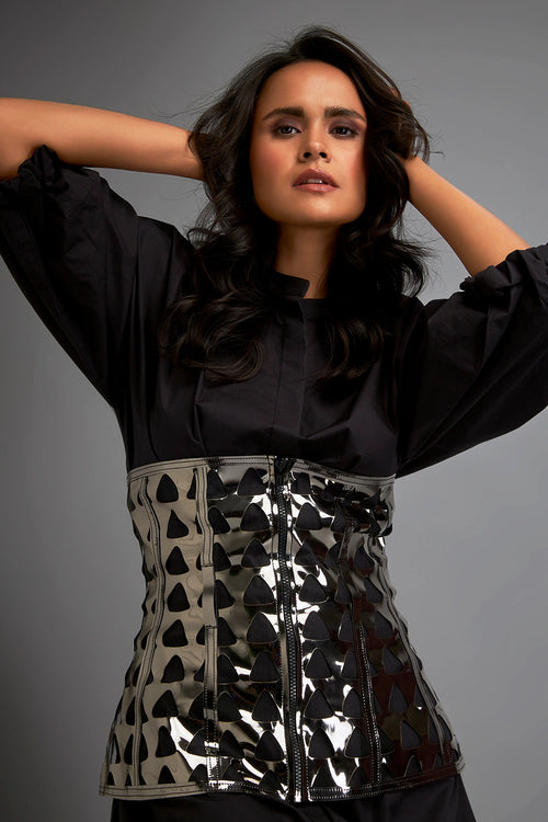 Black Structured Metallic Layered Shirtdress