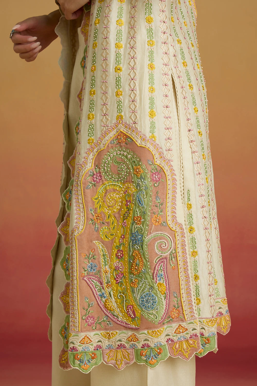 Old Rose Velvet Bustier and Striped Long Amaryllis Jacket with Applique Pants