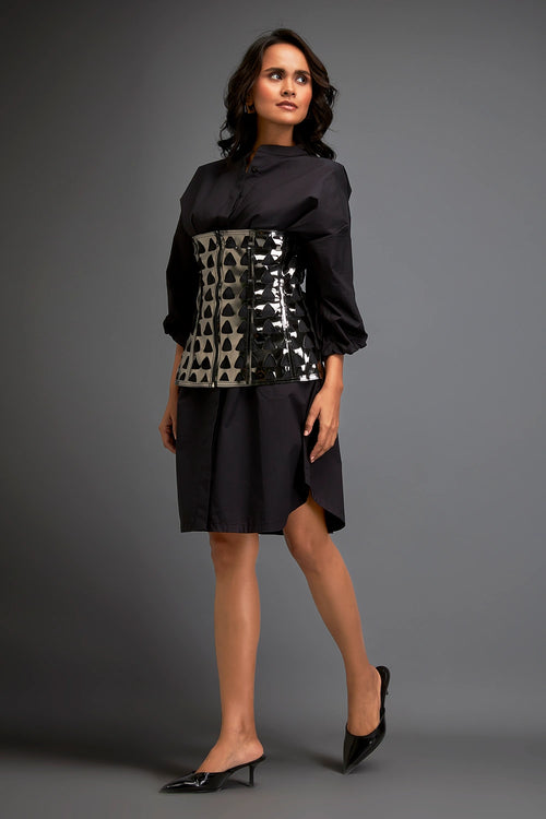 Black Structured Metallic Layered Shirtdress
