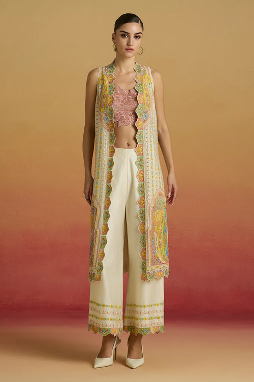 Old Rose Velvet Bustier and Striped Long Amaryllis Jacket with Applique Pants