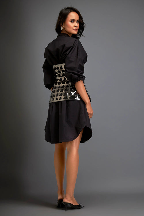 Black Structured Metallic Layered Shirtdress