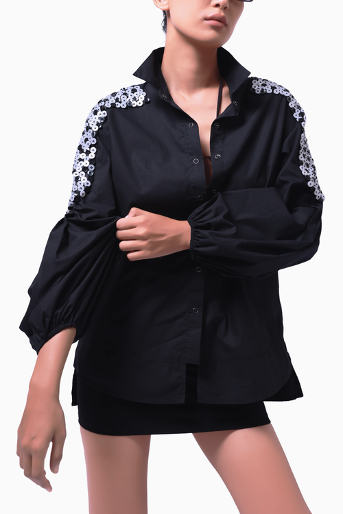 Black Cotton Shirt with Balloon Sleeves