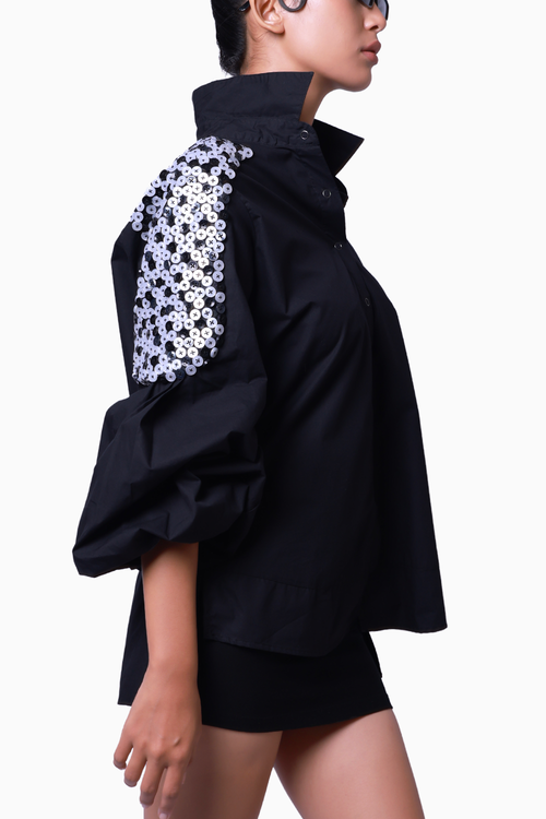 Black Cotton Shirt with Balloon Sleeves