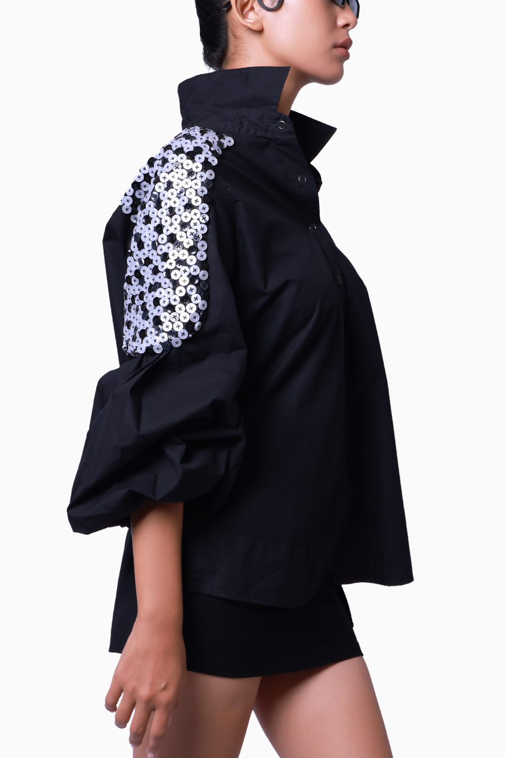 Black Cotton Shirt with Balloon Sleeves
