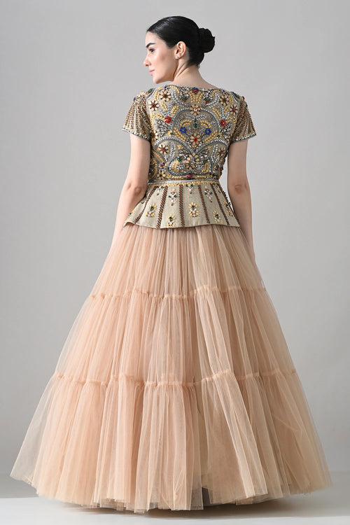 Beige Embroidered Pleated Peplum Top And Skirt Set
