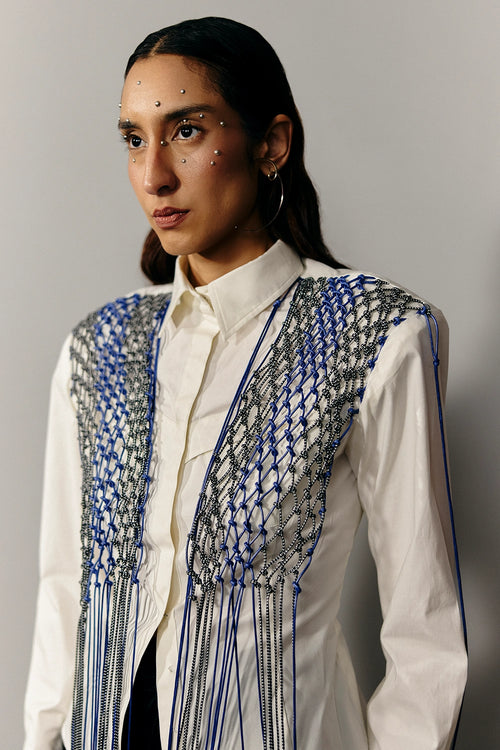 Off-White Corset Shirt With Hand Knotted Macrame