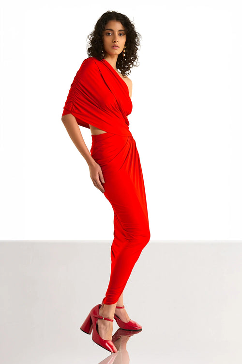 One Shoulder Draped Knit Top And Skirt Set