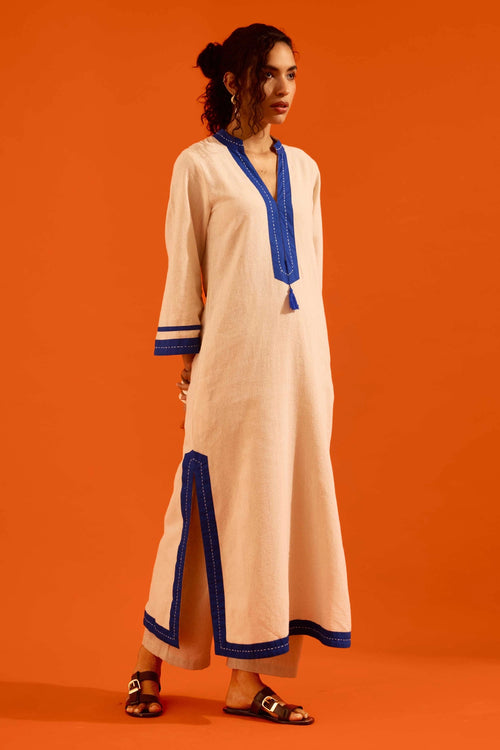Natural Jute Tunic Set with Blue Thread Embroidery