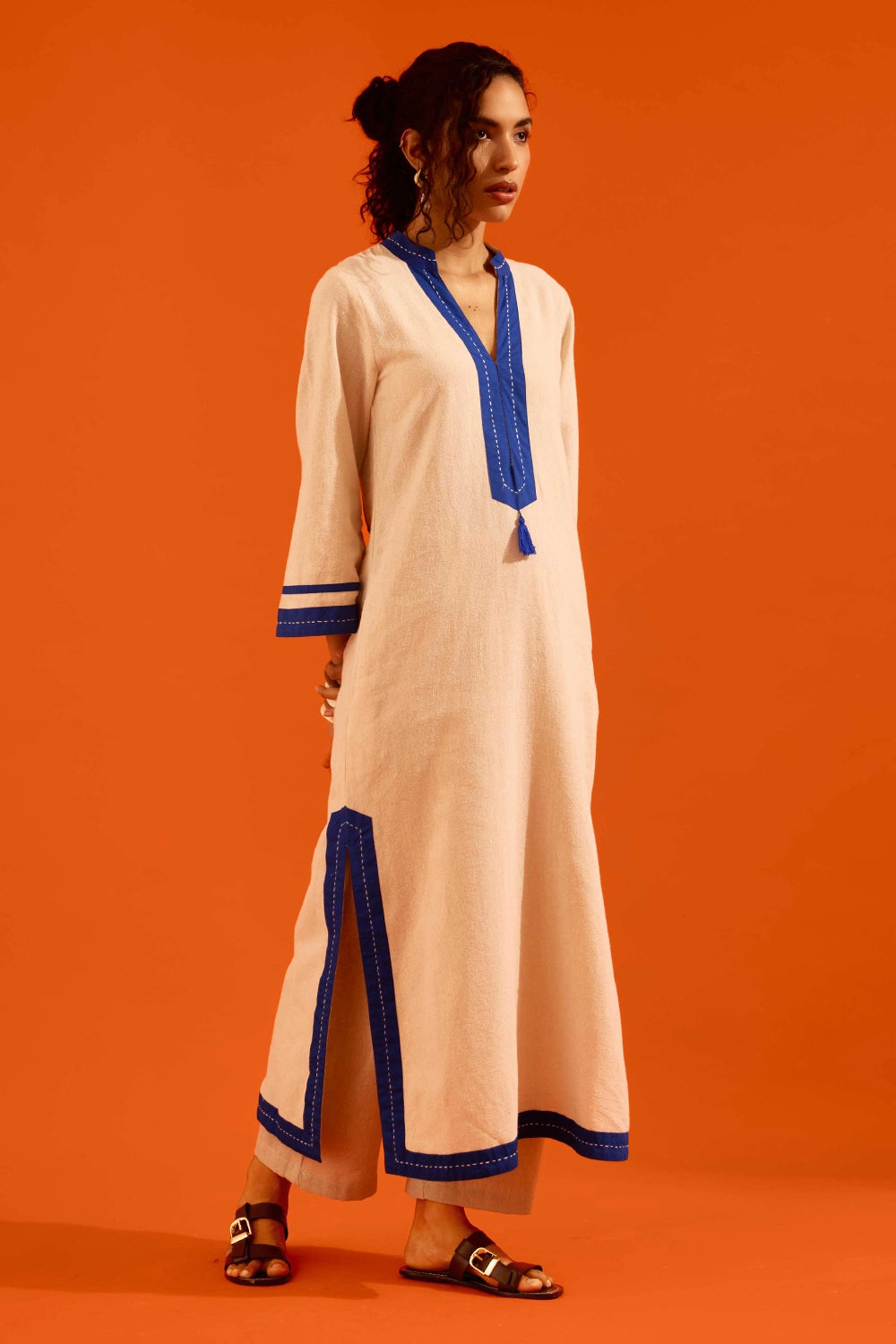 Natural Jute Tunic Set with Blue Thread Embroidery